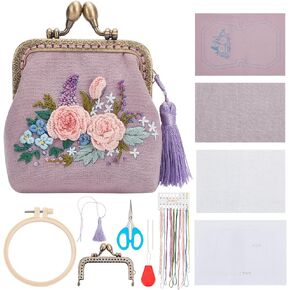 ORIGACH DIY Flower Embroidery Coin Purse Kits Kiss Clasp Lock Bag Embroidery Kit Sewing Handbags Change Purse Set for Beginner with All Supplies