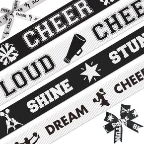 Cheer Ribbon, 4Pack(7/8 Inch x 5 Yards Each), Black White Grosgrain Cheerleading Ribbons for Hair Bows, Pin Me Ribbon for Cheer Bag, Stunt Spirit Loud Dream Achieve