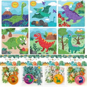 Dinosaur Party Favors for Kids – 12 Pack Dinosaur Jigsaw Puzzles with Spinning Tops – Dino Birthday Party Supplies, Decorations, Goodie Bag Fillers – Educational Toys for Boys, Girls & Toddlers