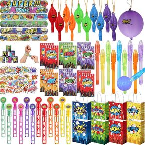 Vanblue 122 Pcs Hero Party Favors Birthday Party Decorations,Slap Bracelets,Stickers and Gift Bags Goodie Bag Stuffers Classroom Rewards Piñata Fillers for Kids Boys Theme Party Supplies
