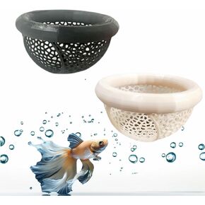 2PCS Floating Betta Fish Hideout Cave & Hammock – 3-in-1 Fish Tank Accessories with Feeding Ring, 3D-Printed PLA Hideout for Bettas & Shrimp (Black&Beige, 2.8x2.8x1.6 Inch)