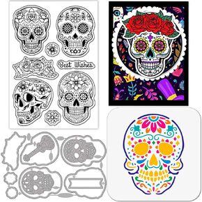 GLOBLELAND Floral Skeleton Clear Silicone Stamp Day of The Dead Cutting Die Cuts Flower Greeting Paint Craft Stencils for Card Making Scrapbooking Craft DIY Embossing