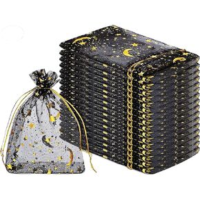100 Pieces Moon Star Organza Jewelry Candy Bags, 4x6 Inch black Organza Pouch Small Gift Bags with Drawstring for Christmas Party Favors Wedding Valentine's Day