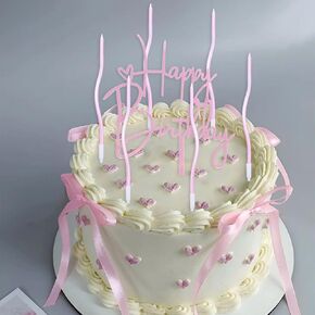 17 pcs Pink Bow Birthday Cake Decorations Cake Toppers for Pink Coquette Bow Party Decorations, 10Pcs Ribbon Coquette Decor, 1 Happy Birthday Cake Topper and 6Pcs Twrist Candles