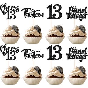 Rsstarxi 24 Pack 13th Birthday Cupcake Toppers Glitter Official Teenager 13 Thirteen Cupcake Picks for Cheers to 13 Years 13th Birthday Wedding Anniversary Party Cake Decorations Gold