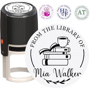 Personalized self Inking Library Stamps, Ex Libris Choose Your Design, from Books with Coffee, Custom Monograms and Animals (cat, Dog, Dragon) Reading. (1 5/8" Self Ink Stamper)