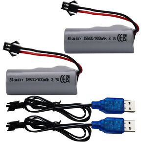 Blomiky 2 Pack 3.7V 900mAh 3.33Wh ICR18500 Lithium-ion SM-2P Batteries and Charger Cables for Some RC Stunt Car Tranfrom Truck and RC Boat / D821 Battery 2