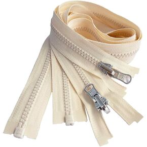 2pcs YKK #5 Molded Plastic Reversible Slider Inside/Outside Medium Weight Sport Jacket Zipper Separating Aluminum Pull Color Off White #801W - Choose Length (Off White #801W, 26" Inches)