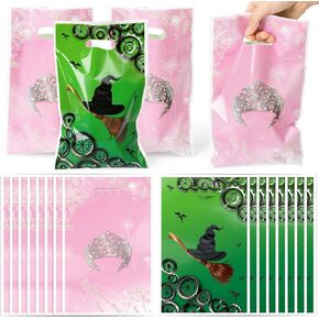 50Pcs Witch Musical Pink Crown Party Favor Bag Candy Treat Bags Print Magical Witch Crown Flower Pattern with Handles Plastic Snack TV Movies Gift Pouch for Woman Lady Birthday Holiday Event Supplies