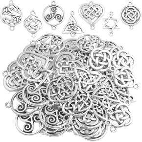 42pcs Celtic Knot Charms Irish Traditional Pendants Tibetan Alloy Flower Triangle Heart Knot Links Good Luck Chinese Knot Connectors for DIY Jewelry Making Bracelet, 7 Styles,Antique Silver