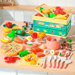 Pretend Play Food for Kids Kitchen - 94Pcs Cutting Toy Set with Foldable Camping Storage Box, Includes Cooking Utensil Toys, Pizza Playset, Play Kitchen Accessories, Gift for Boys Girls