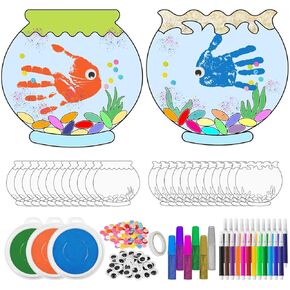 Cinrobiye 24 Set Fishbowl Paper Craft Kits Under The Sea Animal Handprint Art Craft Kits DIY Hand Print Paper Crafting for Home Preschool Classroom Summer Beach Party Activities Project Supplies