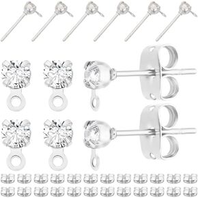Beebeecraft 1 Box 40Pcs Stud Earring Findings Platinum Plated Cubic Zirconia Post Studs Earrings with Loop and 40Pcs Butterfly Earring Backs for DIY Earring Jewellery Making