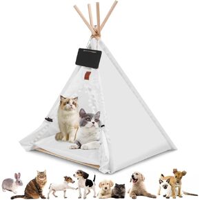 Pet Teepee Dog & Puppy Cat Tents House, Portable Cozy Dogs Cave Bed with Removable Inner Cushion Washable Anti Slip Small Pets Sleep and Play Tents for Indoor Outdoor Use (White, M)