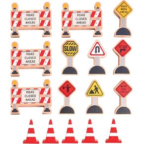 16 Pc Wooden Construction Signs and Traffic Cones - Construction Site Road Signs -Community Helpers Educational Preschool Street Track Accessories