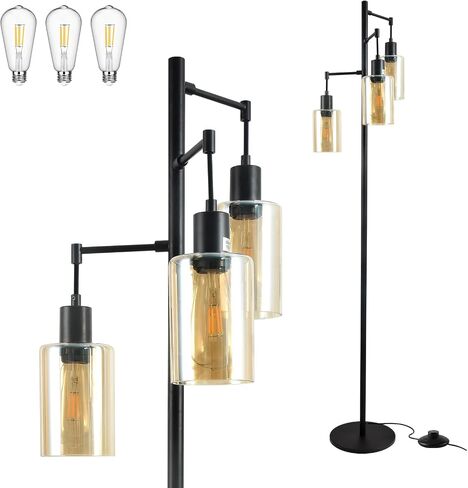 3-Lights Floor Lamp with On/Off Foot Switch, Farmhouse Glass Floor Lamp Tall Pole Lamp for Living Room Bedroom Office, Industrial Black Tree Standing Lamp, LED 3 Bulbs Included in Saudi Arabia