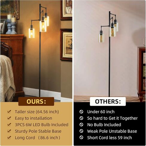 3-Lights Floor Lamp with On/Off Foot Switch, Farmhouse Glass Floor Lamp Tall Pole Lamp for Living Room Bedroom Office, Industrial Black Tree Standing Lamp, LED 3 Bulbs Included in Saudi Arabia