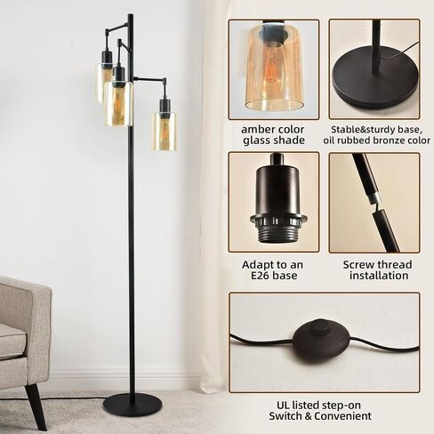 3-Lights Floor Lamp with On/Off Foot Switch, Farmhouse Glass Floor Lamp Tall Pole Lamp for Living Room Bedroom Office, Industrial Black Tree Standing Lamp, LED 3 Bulbs Included in Saudi Arabia