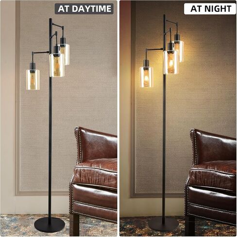 3-Lights Floor Lamp with On/Off Foot Switch, Farmhouse Glass Floor Lamp Tall Pole Lamp for Living Room Bedroom Office, Industrial Black Tree Standing Lamp, LED 3 Bulbs Included in Saudi Arabia