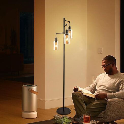 3-Lights Floor Lamp with On/Off Foot Switch, Farmhouse Glass Floor Lamp Tall Pole Lamp for Living Room Bedroom Office, Industrial Black Tree Standing Lamp, LED 3 Bulbs Included in Saudi Arabia