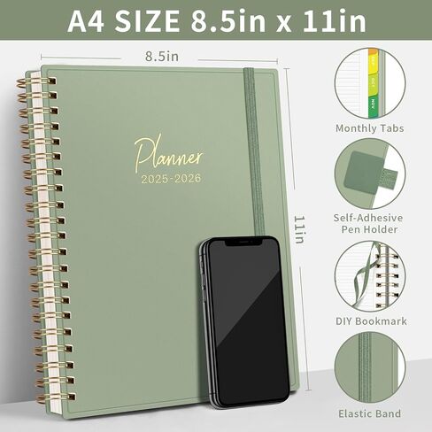 EMSHOI 2025-2026 Appointment Book 8.5 x 11, 15-Minute, A4 Hourly Daily Weekly and Monthly Academic Planner, July 2025 - June 2026, PVC Cover, Note Pages, Monthly Tabs, Boost Productivity, LightGreen in Kuwait
