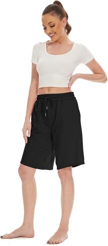 Womens Knee Length Bermuda Shorts Loose Fit Summer Cotton Comfy Lounge Shorts Drawstring with Pockets in Kuwait
