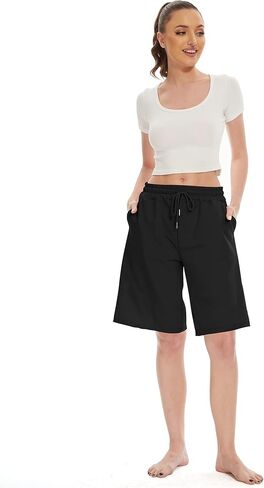 Womens Knee Length Bermuda Shorts Loose Fit Summer Cotton Comfy Lounge Shorts Drawstring with Pockets in Kuwait