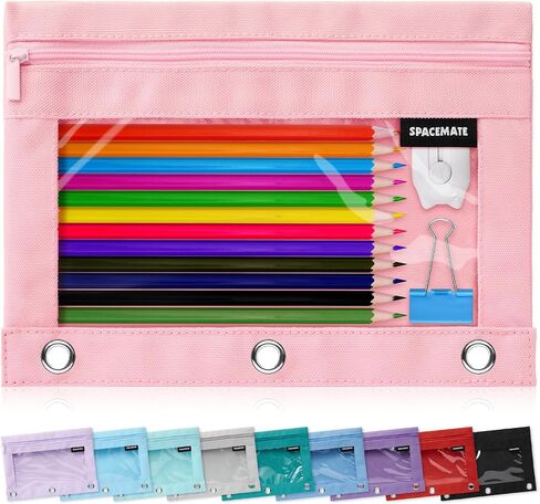 Binder Pencil Pouch Case Box Bag for 3 Ring Binder School Supplies Girls Boys Kids, Clear Preppy Stuff Large Aesthetic Pen Organizer, Back to College Stationary, 1 Pack, Light Pink in Kuwait