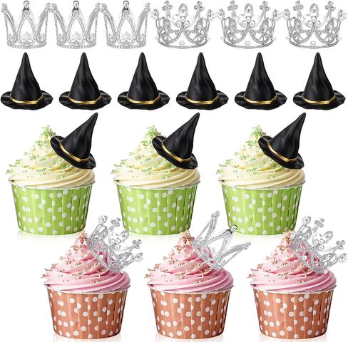 24 PCS Witch موضوع الحفلة الديكور الفضة التاج الأسود الساحرة قبعة الكعكة لوازم توبيبر لفيلم موضوع حفلة الأميرة in Kuwait