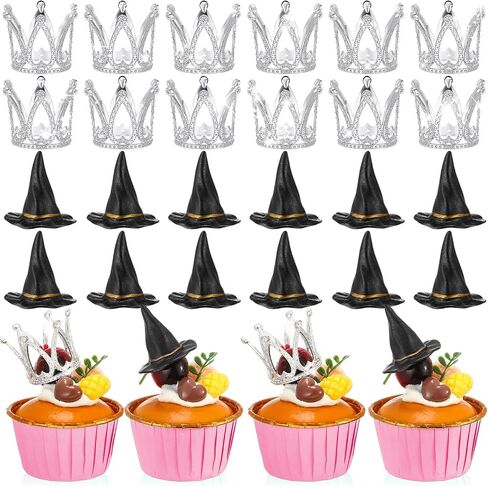 24 Pcs Witch Theme Party Cake Decoration Silver Crown Black Witch Hat Cake Topper Supplies for Movie Theme Party Princess Birthday Pink and Green Celebration Decoration (Classic) in Saudi Arabia