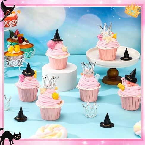 24 Pcs Witch Theme Party Cake Decoration Silver Crown Black Witch Hat Cake Topper Supplies for Movie Theme Party Princess Birthday Pink and Green Celebration Decoration (Classic) in Saudi Arabia