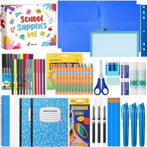 39 Pcs Back to Supplies Essentials Bundle Include Pencils Scissors Ruler Eraser Crayon Sharpener Notebook Pencil Case Folder Notebook(Blue) in Saudi Arabia