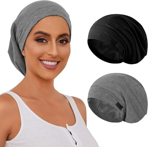 2Pcs Silk Bonnet Satin Lined Sleep Cap, Adjustable Hair Wrap Stay On for Women Men, Satin Slouchy Beanie Night Cap for Curly Straight Hair Multi in Saudi Arabia