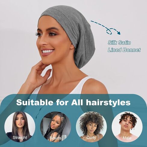 2Pcs Silk Bonnet Satin Lined Sleep Cap, Adjustable Hair Wrap Stay On for Women Men, Satin Slouchy Beanie Night Cap for Curly Straight Hair Multi in Saudi Arabia