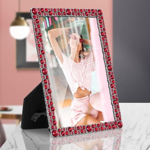 إطار صورة LARAINE مقاس 5 × 7 مصنوع من أحجار الراين واللؤلؤ والمعدن والزجاج عالي الوضوح لعرض الصور على سطح الطاولة والكريستال لتزيين المنزل كهدية للعطلات (أحجار الراين-شفافة) in Kuwait