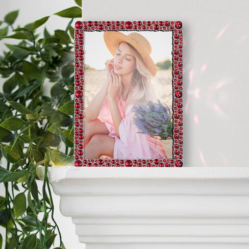 إطار صورة LARAINE مقاس 5 × 7 مصنوع من أحجار الراين واللؤلؤ والمعدن والزجاج عالي الوضوح لعرض الصور على سطح الطاولة والكريستال لتزيين المنزل كهدية للعطلات (أحجار الراين-شفافة) in Kuwait