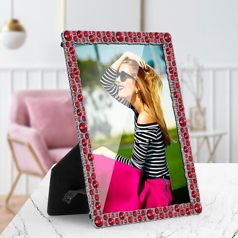 إطار صورة LARAINE مقاس 5 × 7 مصنوع من أحجار الراين واللؤلؤ والمعدن والزجاج عالي الوضوح لعرض الصور على سطح الطاولة والكريستال لتزيين المنزل كهدية للعطلات (أحجار الراين-شفافة) in Kuwait