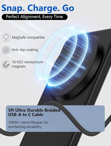 Wireless Charger for Magsafe Charger, Magnetic iPhone Charger w/ 30W Adapter & 5ft Long Braided Cable, Fast Wireless Charging Stand for iPhone 15/14/13/12 Series - Black in Saudi Arabia