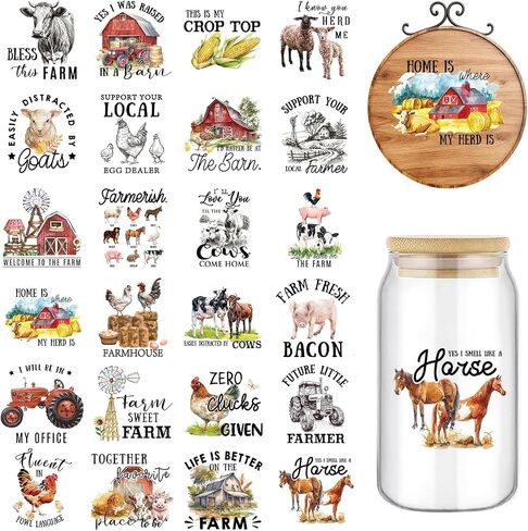 24 Sheets Farmhouse Rub on Transfer for Crafts Farm Animal Truck Words Rub on Transfer Stickers Vintage Furniture Decals for Home Party DIY Crafts, 3 x 3 Inch in Kuwait