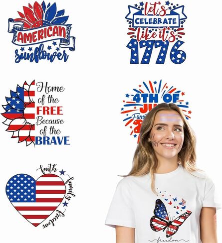 6 Sheets 4th of July Iron on Transfers,Independence Day Iron on Patches with American Flag Love Heart Flowers Design | Heat Transfer Vinyl Stickers for Clothes Bag Pillow in Kuwait