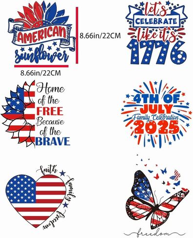 6 Sheets 4th of July Iron on Transfers,Independence Day Iron on Patches with American Flag Love Heart Flowers Design | Heat Transfer Vinyl Stickers for Clothes Bag Pillow in Kuwait