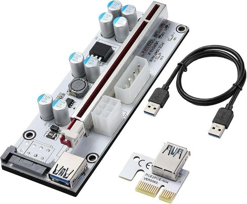 بطاقة محول التعدين، PCI-E 1X إلى 16X، مع كابل تمديد USB 3.0 بطول 0.6 متر، واجهة 6PIN / 4PIN / SATA، لتعدين البيتكوين، تعدين العملات المشفرة Ethereum Mining ETH (VER010-X، حزمة واحدة) in Saudi Arabia