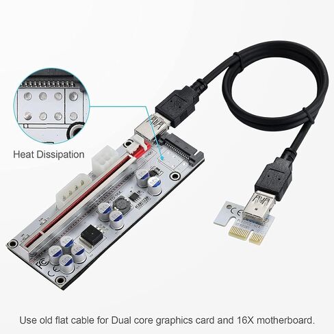 بطاقة محول التعدين، PCI-E 1X إلى 16X، مع كابل تمديد USB 3.0 بطول 0.6 متر، واجهة 6PIN / 4PIN / SATA، لتعدين البيتكوين، تعدين العملات المشفرة Ethereum Mining ETH (VER010-X، حزمة واحدة) in Saudi Arabia