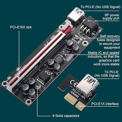 Mining Riser Card,PCI-E 1X to 16X Adapter Card,with 0.6 m USB 3.0 Extension Cable,6PIN / 4PIN / SATA Interface, for Bitcoin, Crypto Mining Ethereum Mining ETH (VER010-X,1 Pack) in Kuwait