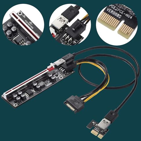 Mining Riser Card,PCI-E 1X to 16X Adapter Card,with 0.6 m USB 3.0 Extension Cable,6PIN / 4PIN / SATA Interface, for Bitcoin, Crypto Mining Ethereum Mining ETH (VER010-X,1 Pack) in Kuwait