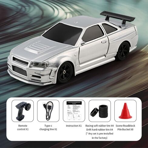 Funxylophy RC Sport Racing Drift Car ، 1/43 مقياس 2.4g 15km/h الكامل النسبي RC Electric Mini Racing Drift Model مع مجموعة الأضواء وإطارات الانجراف (Silver) in Kuwait