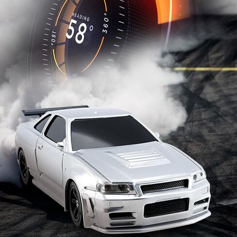 Funxylophy RC Sport Racing Drift Car ، 1/43 مقياس 2.4g 15km/h الكامل النسبي RC Electric Mini Racing Drift Model مع مجموعة الأضواء وإطارات الانجراف (Silver) in Kuwait