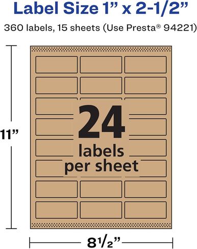 Avery Kraft Brown Rectangle Labels, Sure Feed Technology, 1" x 2.5", 360 Kraft Brown Labels, Laser/Inkjet Printable in Kuwait
