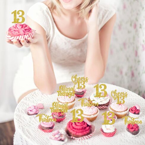 Rsstarxi 24 Pack 13th Birthday Cupcake Toppers Glitter Official Teenager 13 Thirteen Cupcake Picks for Cheers to 13 Years 13th Birthday Wedding Anniversary Party Cake Decorations Gold in Saudi Arabia