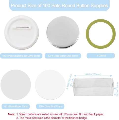 100 Sets 58mm/2.28 in Button Maker Supplies, Fesorsi Button Covers Galvanized Iron, Plastic Back Cover, Buttons Blank Paper, Plastic Clear Film, for DIY Badges, Name Tag, Clothes (with Storage Box) in Kuwait